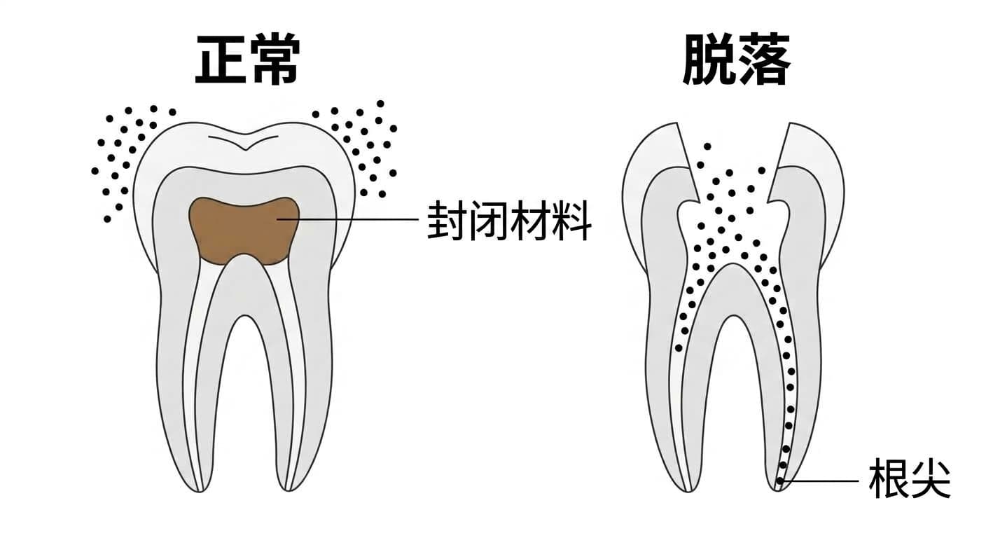对比根管治疗中牙齿截面图:一侧为封闭材料堵住根管入口、细菌无法进入的正常状态,另一侧为封闭材料脱落后细菌沿根管一直下行至牙根尖端(根尖)的状态的示意图