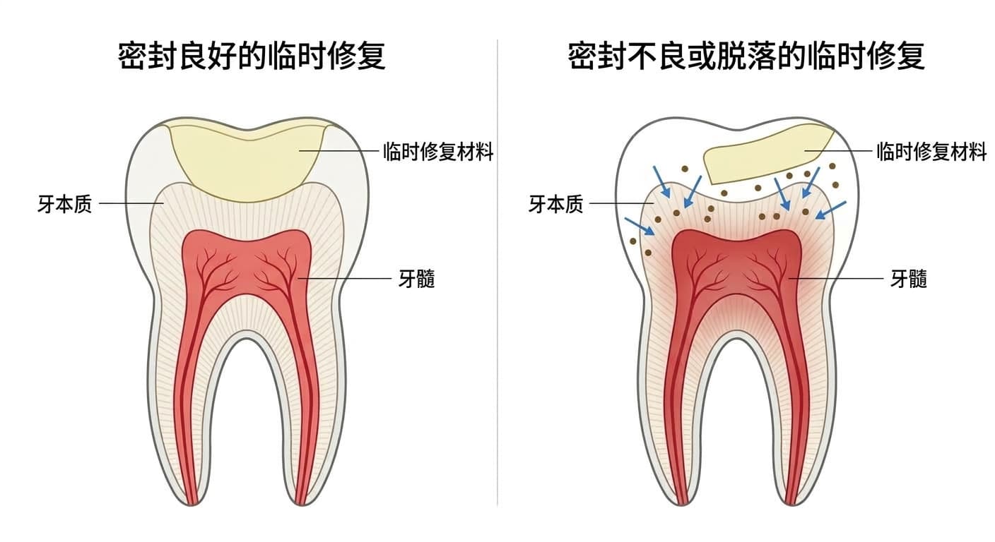 并排比较临时修复体边缘密封良好的情况与边缘翘起、牙本质暴露的情况,展示两者在刺激和细菌侵入风险上的差异的对比图