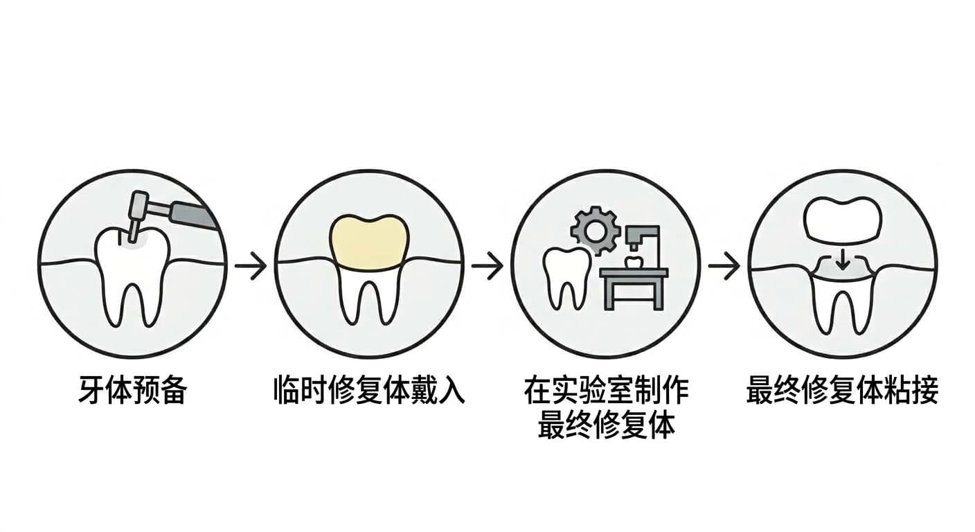展示从牙体预备、戴入临时修复体、在实验室制作最终修复体到最终修复体粘接这四个阶段的示意图