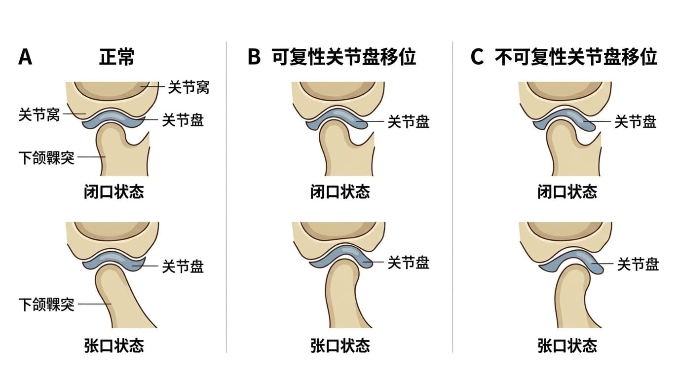 对比正常、可复性关节盘移位、不可复性关节盘移位状态下,闭口与张口时关节盘和下颌髁突位置变化的图示