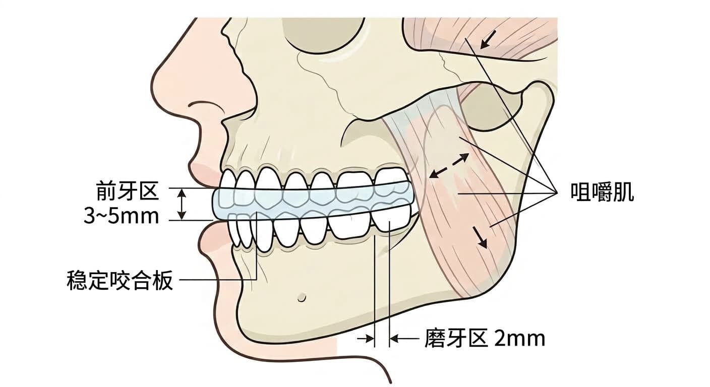 佩戴稳定咬合板时前牙与磨牙区的张开程度,以及咀嚼肌部位的概念图