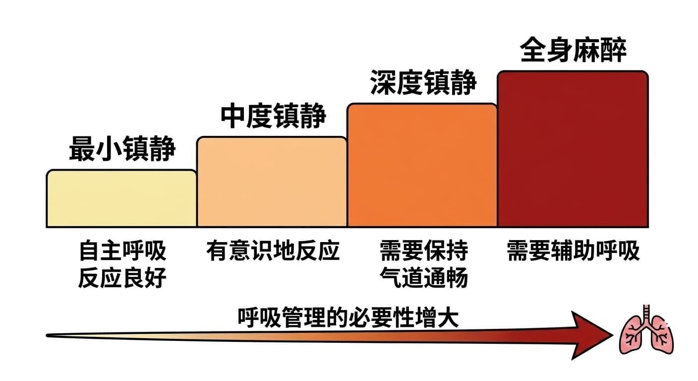 阶梯状图表:镇静阶段从最小镇静到中度镇静、深度镇静、全身麻醉,颜色逐渐加深,显示呼吸管理的必要性随之增大