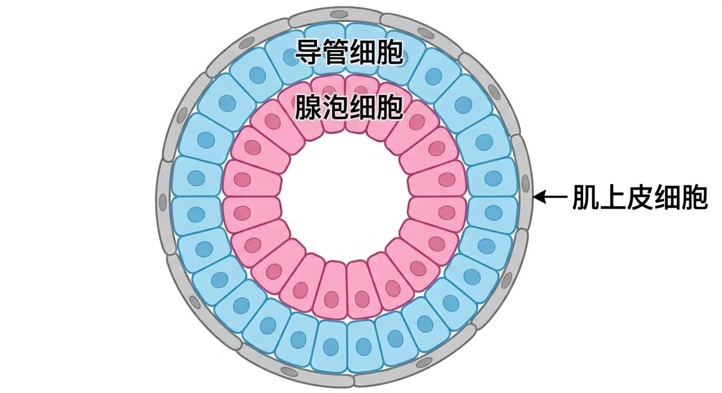 唾液腺类器官横截面示意图。图中显示分泌唾液的腺泡细胞、其外侧的导管细胞,以及最外层的肌上皮细胞层层包裹的结构