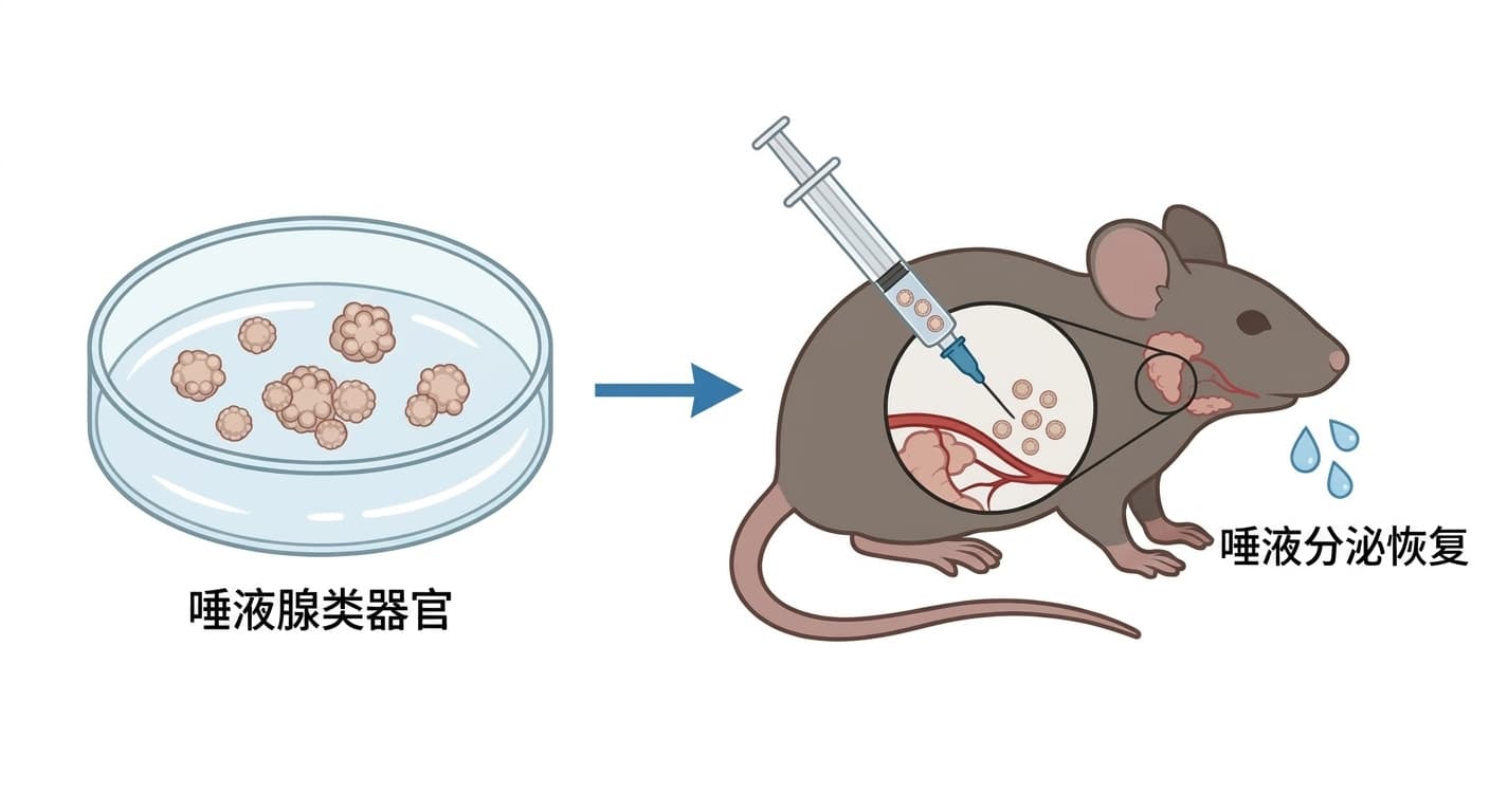 图示:在培养皿中培育唾液腺类器官后,将其移植到小鼠唾液腺部位以恢复唾液分泌的过程