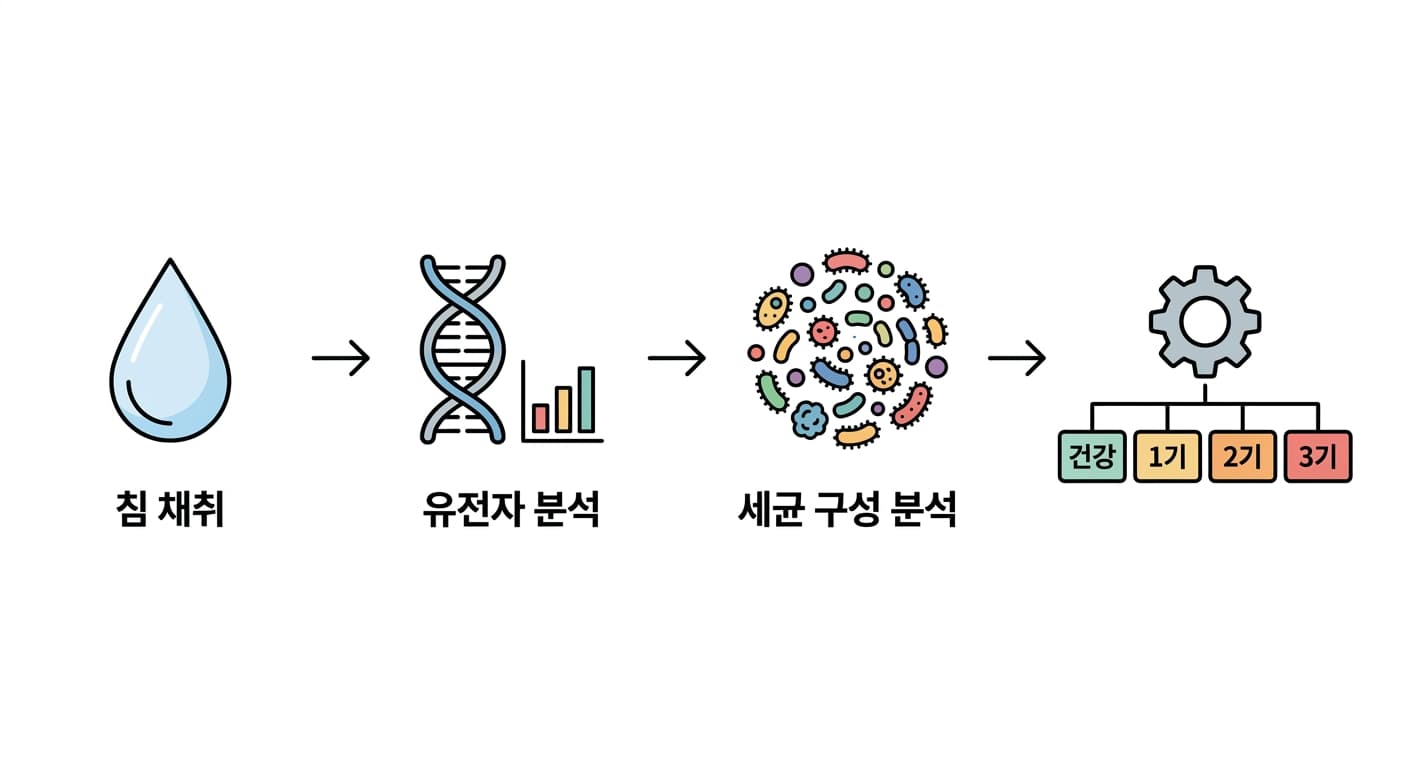 展示从唾液采集、基因分析、细菌构成分析到分类为健康·1期·2期·3期的流程图。
