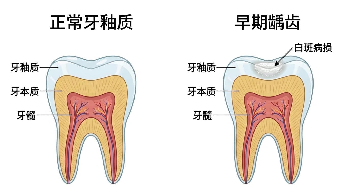 正常牙釉质与早期龋齿(白斑病损)牙齿截面对比。早期龋齿中,牙釉质表面下方有矿物质流失形成的白色区域