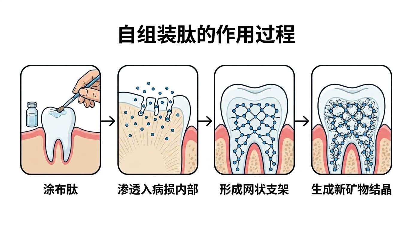 自组装肽作用于牙齿病损的四个阶段。依次展示涂布、渗透入病损内部、形成网状支架、生成新矿物结晶的过程