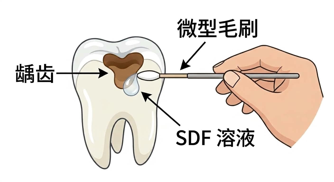 用微型毛刷将氟化氨银(SDF)溶液涂抹在龋洞中的情形