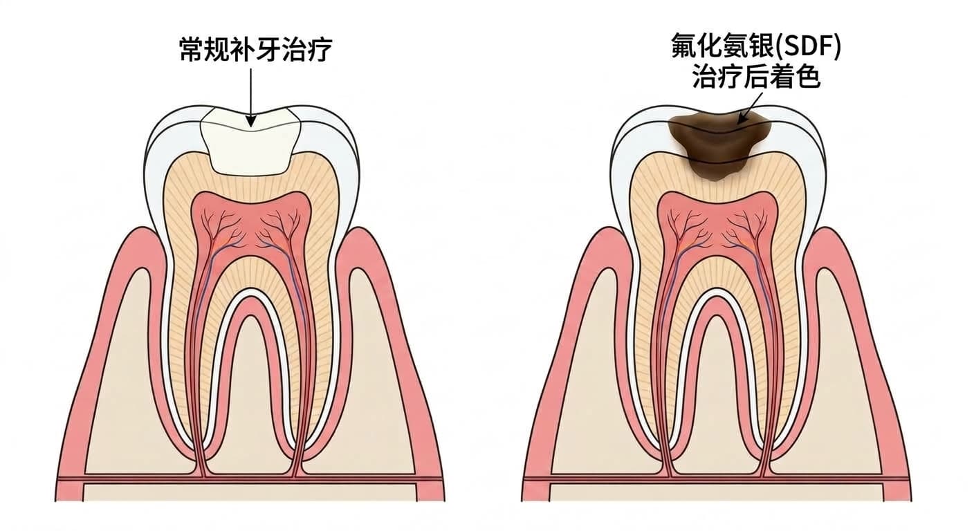 接受常规补牙治疗的牙齿与接受氟化氨银(SDF)治疗后龋齿部位变黑着色的牙齿并列比较的剖面图