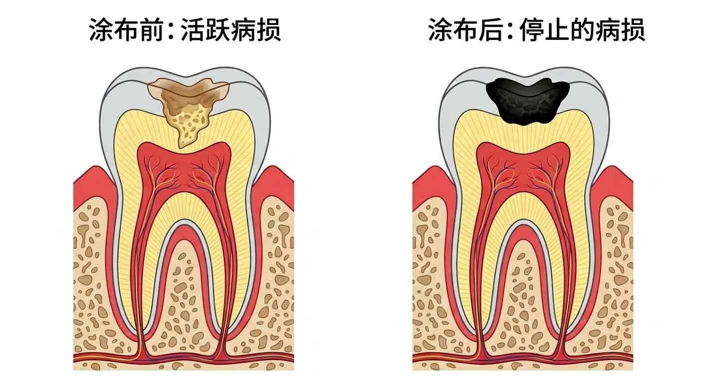 比较龋齿病损涂抹SDF前后的牙齿剖面图。涂抹前病损呈褐色、质地软化,涂抹两次后病损变得坚硬发黑。
