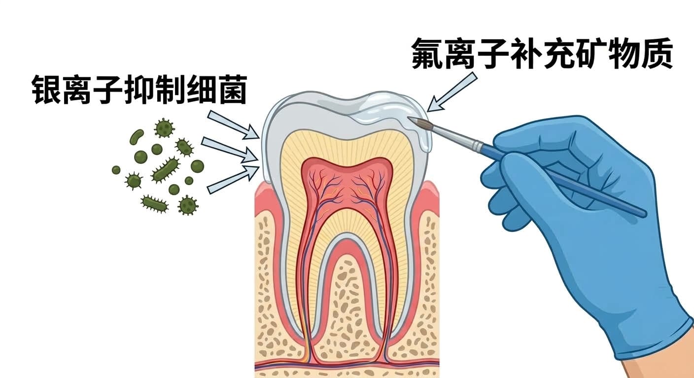 图中展示了在牙齿表面涂抹涂布液的手,并用箭头标示出银离子抑制细菌的作用,以及氟补充流失矿物质的作用。