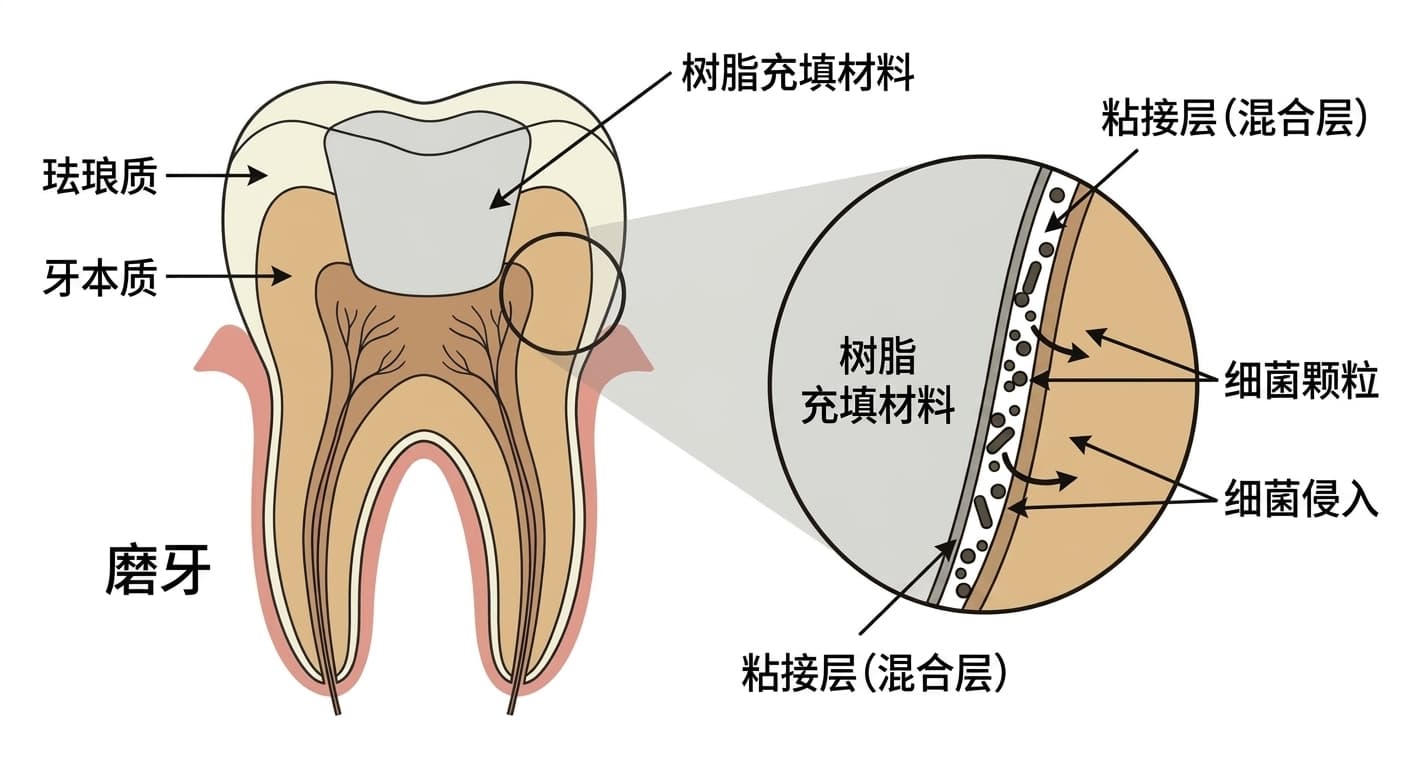 展示细菌从树脂充填材料与牙齿之间粘接层(混合层)裂开的缝隙侵入情形的概念图