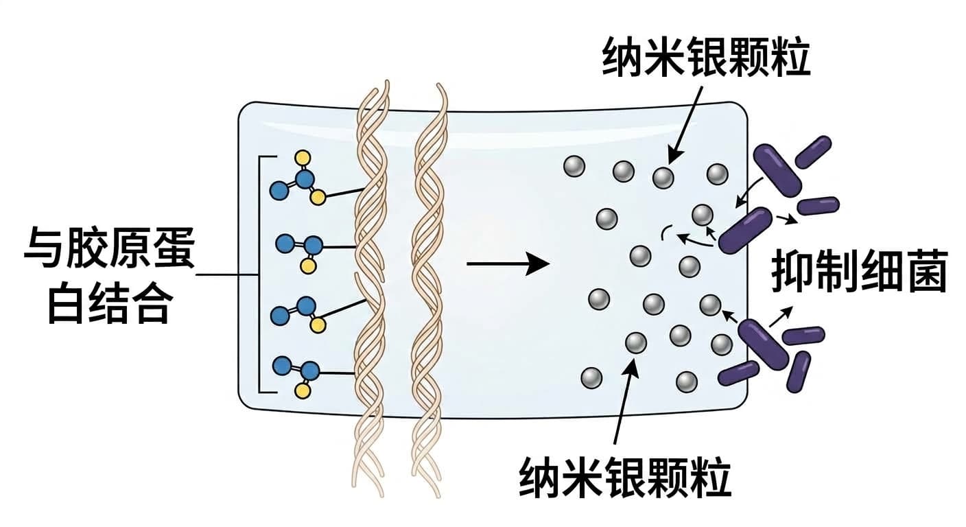 展示新型粘接剂作用方式的概念图。左侧显示成分与胶原蛋白发生化学结合的情形,右侧显示纳米银颗粒抑制细菌的情形