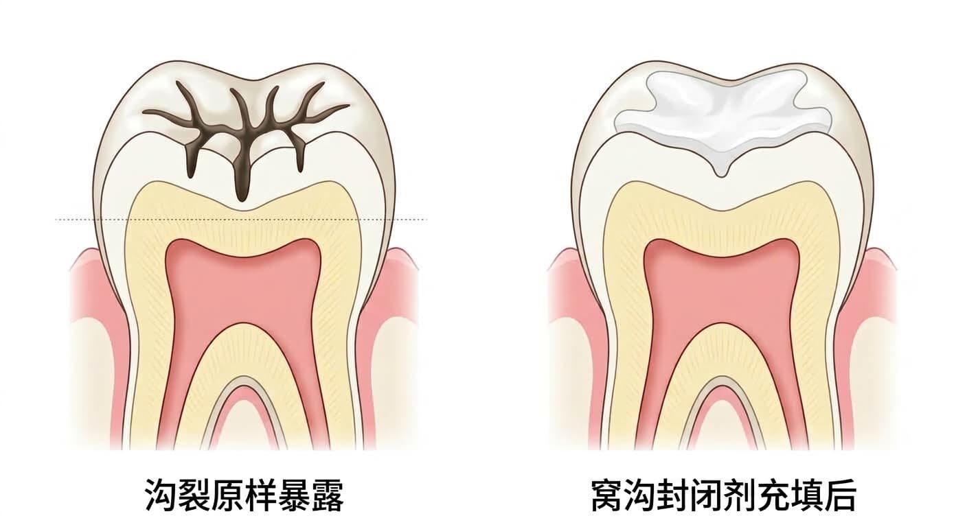 儿童臼齿咬合面沟裂原样暴露的样子与用封闭剂填充后状态并排比较的截面图