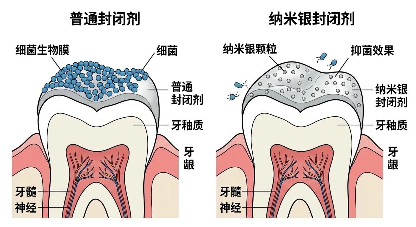 普通封闭剂表面细菌聚集形成菌膜的样子,与混有纳米银颗粒的封闭剂表面细菌减少的样子相比较的示意图