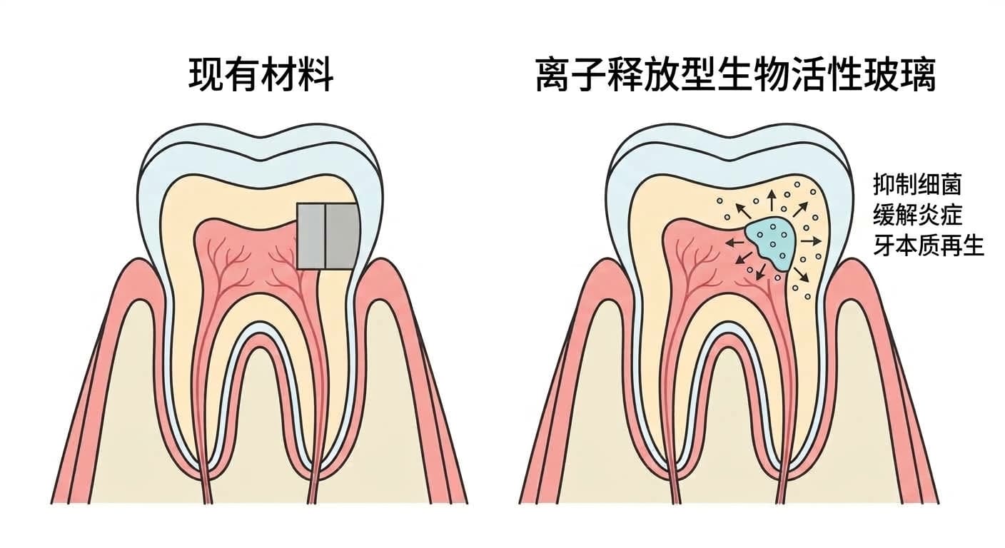 对比示意图:现有材料只是用简单材料覆盖暴露的牙髓创面,而离子释放型生物活性玻璃则同时释放抑制细菌、缓解炎症、促进牙本质再生信号的牙齿剖面图