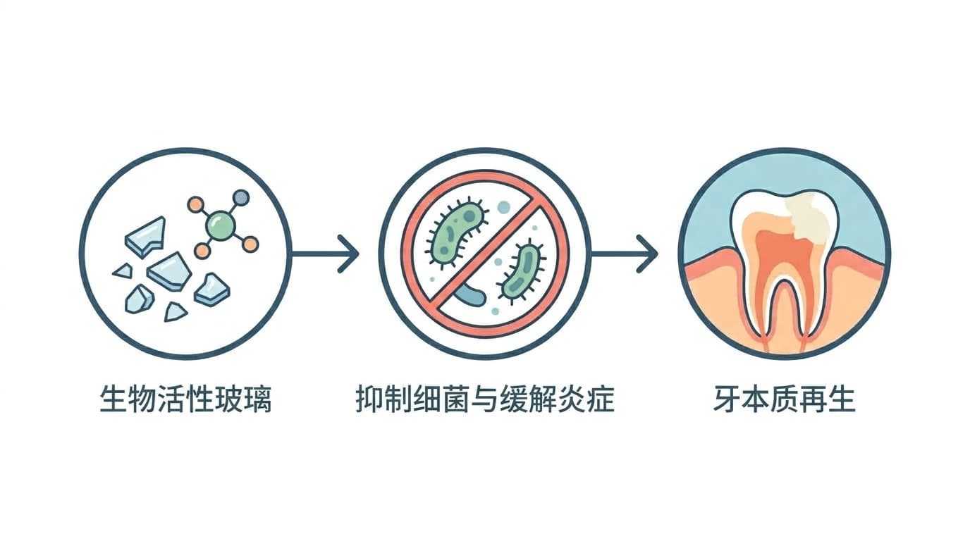流程图:生物活性玻璃释放离子后,经过抑制细菌与缓解炎症,最终促成牙本质再生的三个阶段