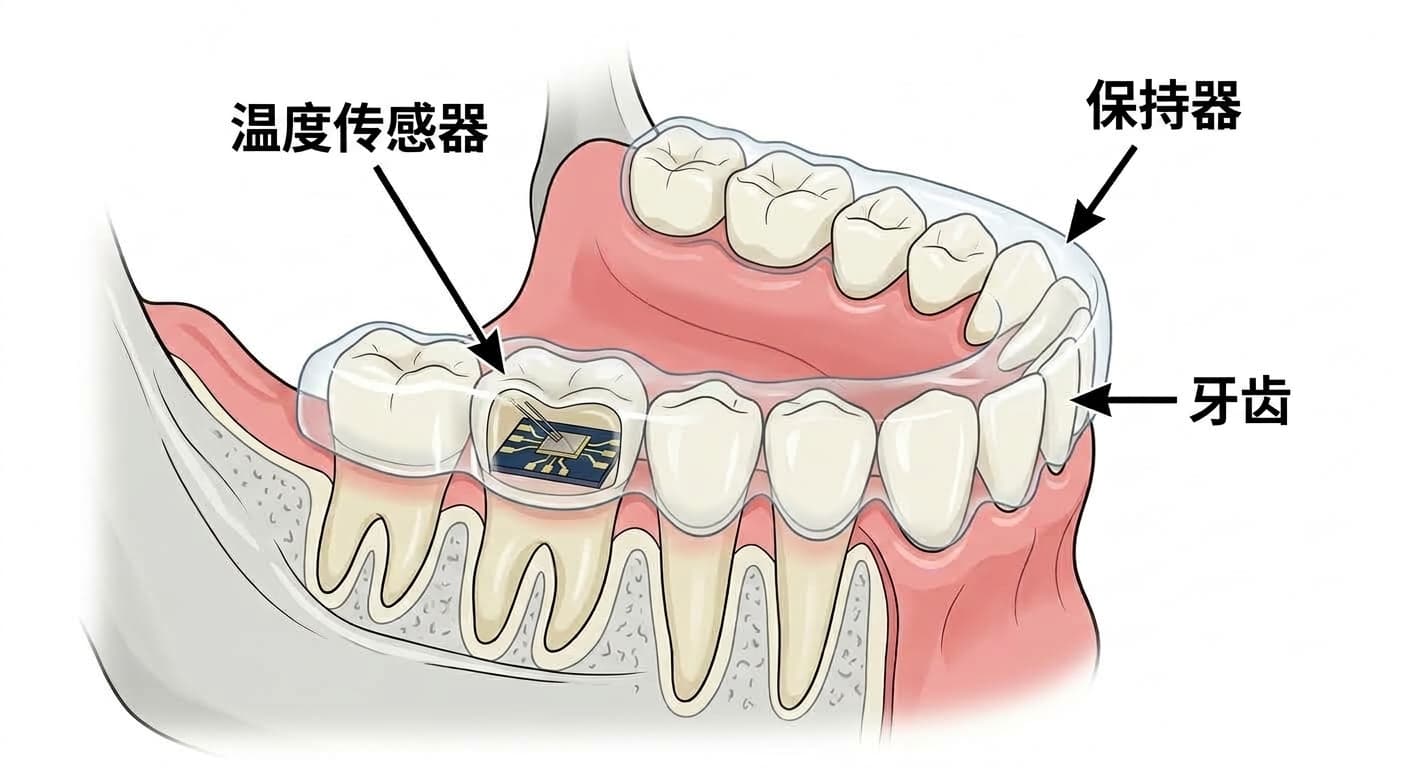 保持器内侧植入的温度传感器检测牙齿上佩戴状态的截面图
