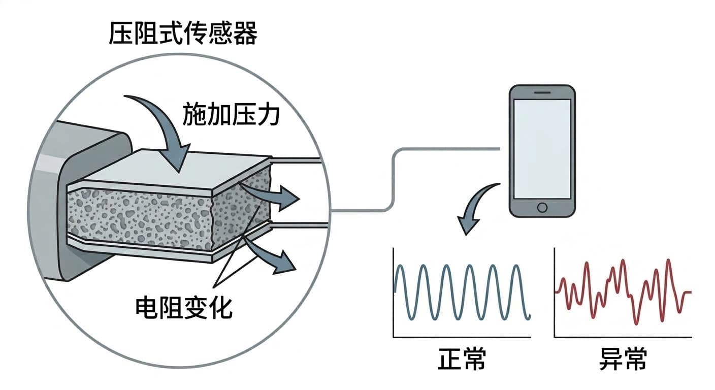 压阻式传感器材料受压后电阻发生变化,其信号分为正常与异常运动不同波形的过程