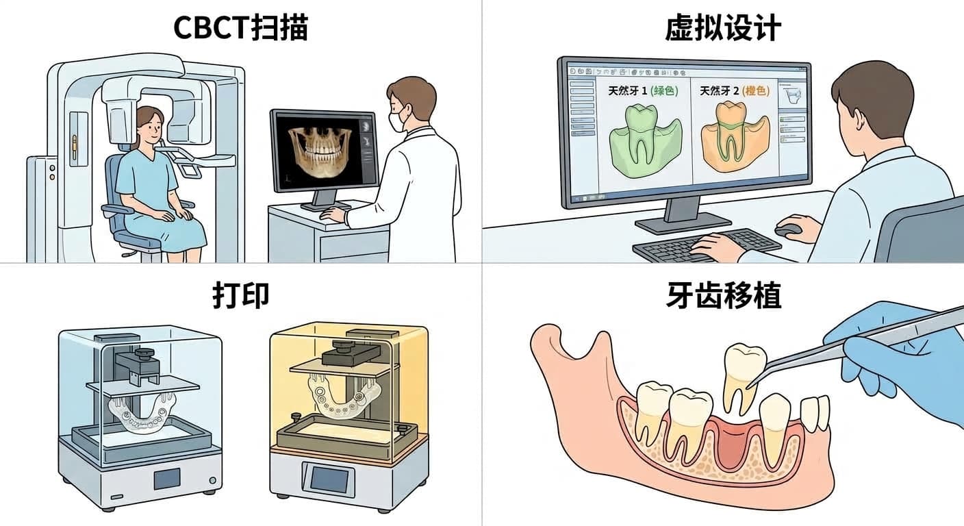 叠加CBCT与口内扫描仪数据虚拟设计牙槽窝、再用3D打印导板完成牙齿移植的四个步骤