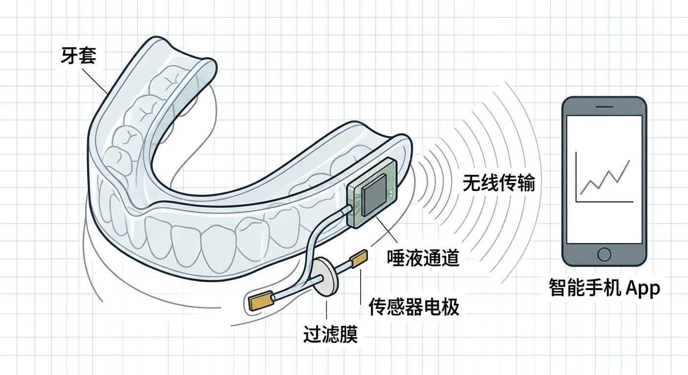 植入牙套内的传感器电极和过滤膜经唾液感知后,通过无线方式将数值传送到智能手机的结构
