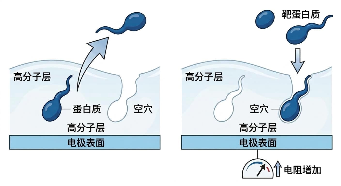 电极上的聚合物层中,目标蛋白质脱离后留下空穴,同一蛋白质再次进入嵌合时电阻随之增大的过程